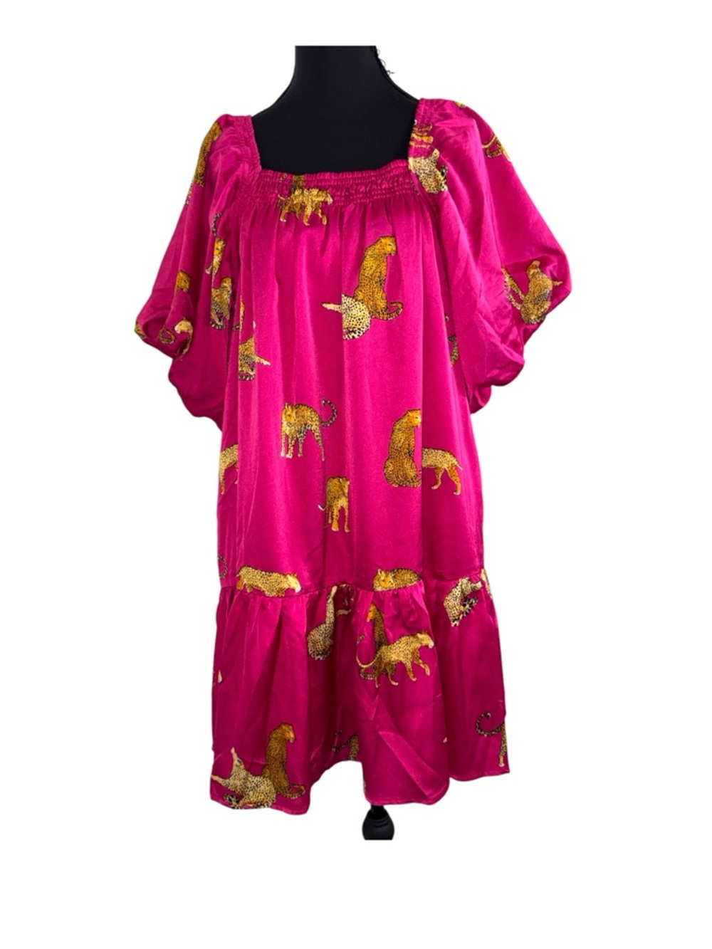 Entro Leopard Print Dress M Hot Pink Puff Sleeve Tiered Mini WITH Pockets
